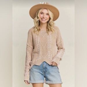 Adora Tan Blush Cableknit Zigzag Hem Sweater 100% Cotton Medium